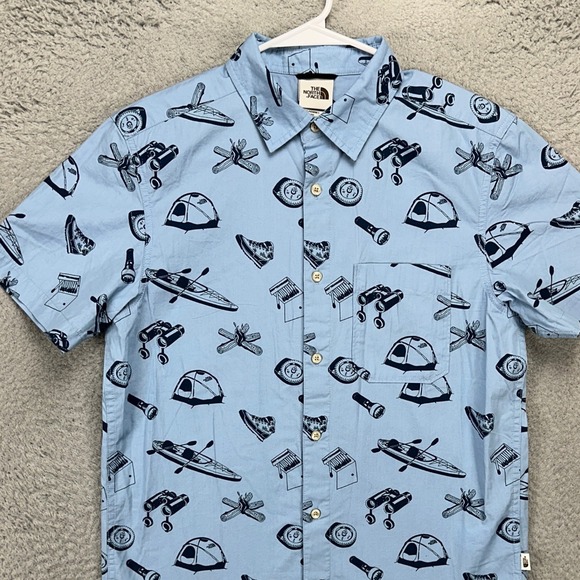 The North Face Shirt Button Down Men Small Blue Geometric Camping Outdoor Pocket
